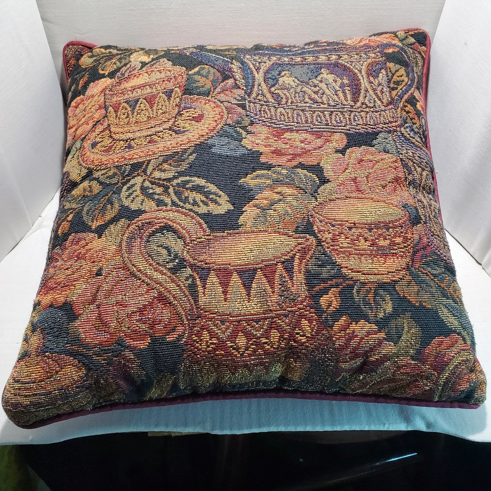 Teapots and Cups Floral Tapestry Throw Pillow Burgundy/Black 14" x 14" Cottage